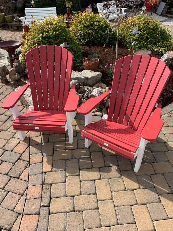 red with white frame adirondack chairs